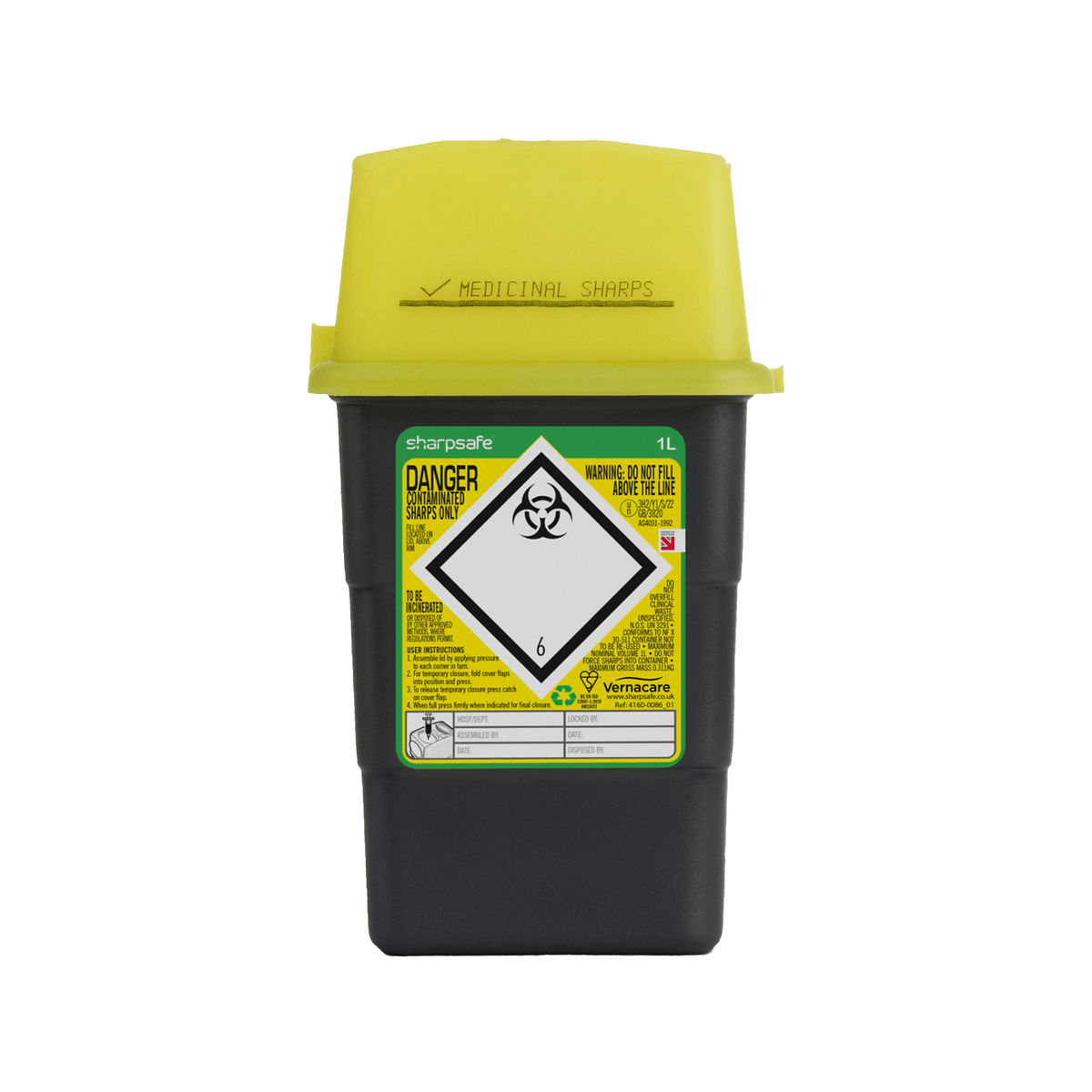 Sharpsafe 1 Litre Yellow Lid Recycled Polymer Container