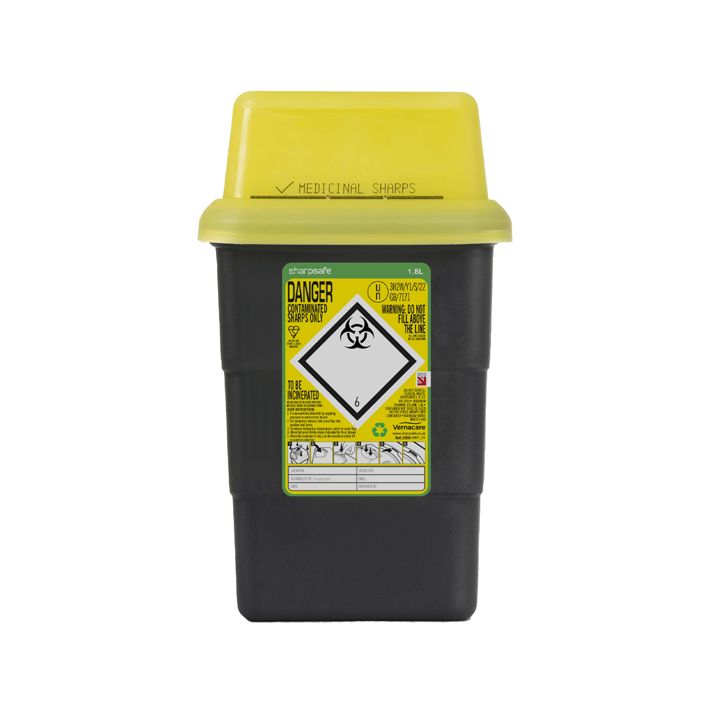 Sharpsafe Yellow Lid Recycled Polymer Container 1.8L