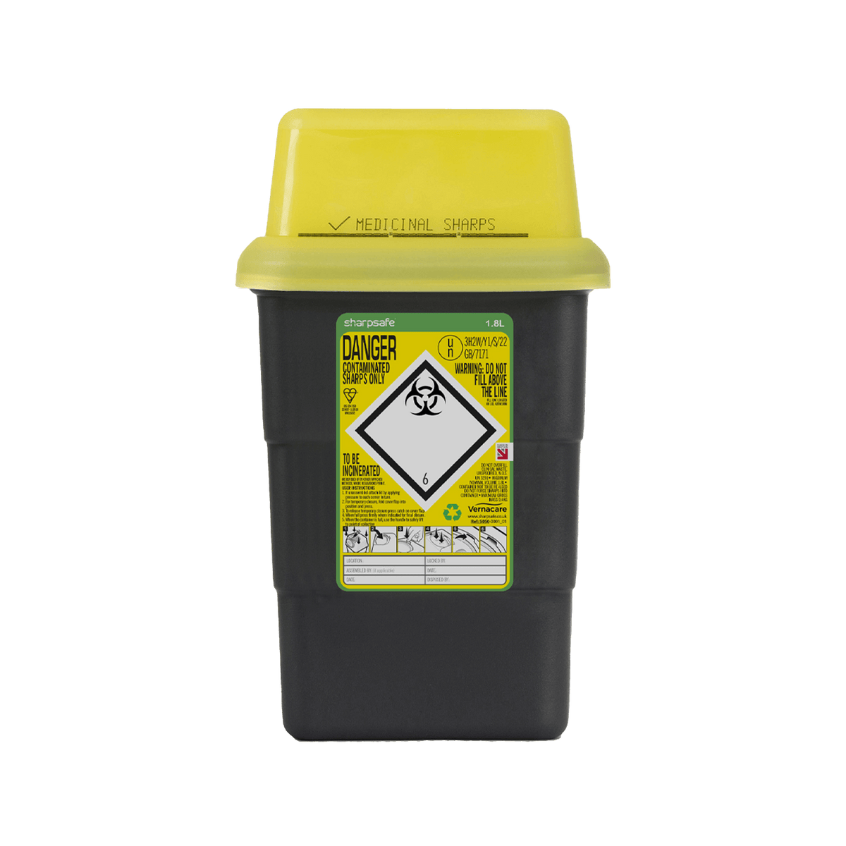 Sharpsafe 1.8 Litre Yellow Lid Recycled Polymer Container