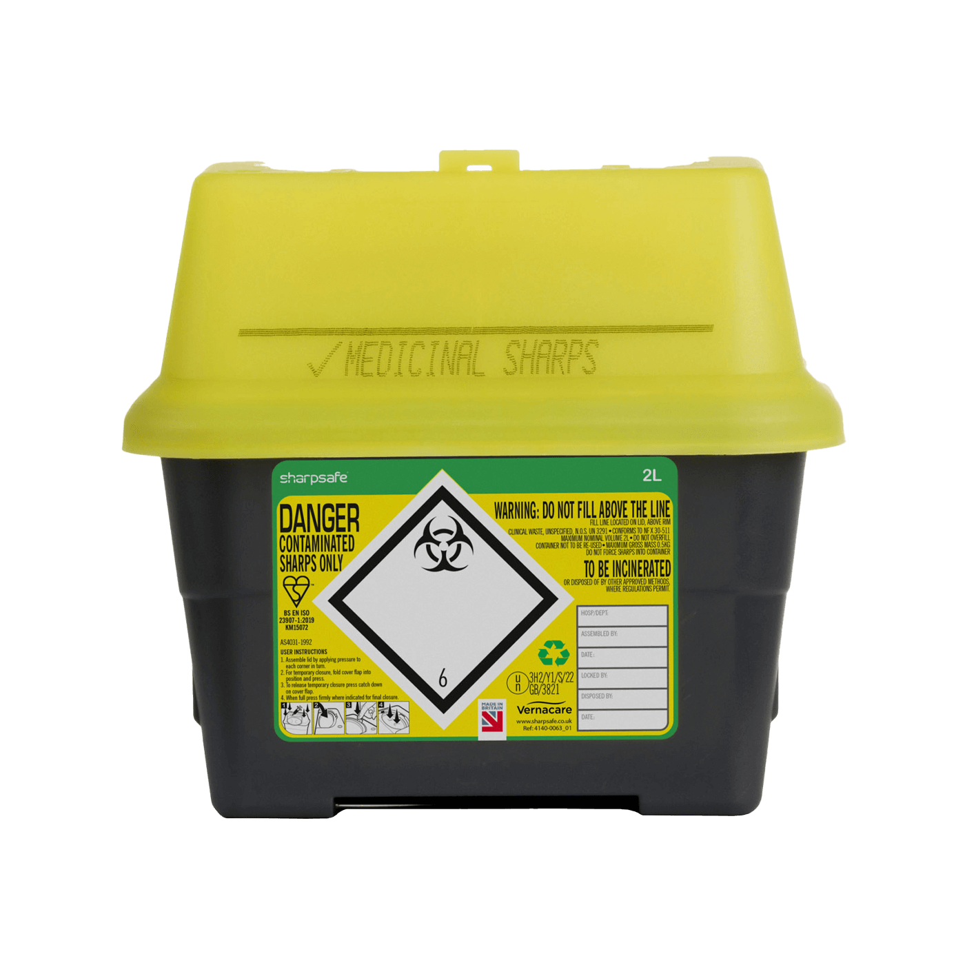 Sharpsafe Yellow Lid Recycled Polymer Container 2L