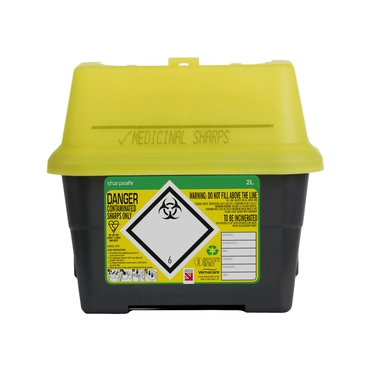 Sharpsafe 2 Litre Yellow Lid Recycled Polymer Container