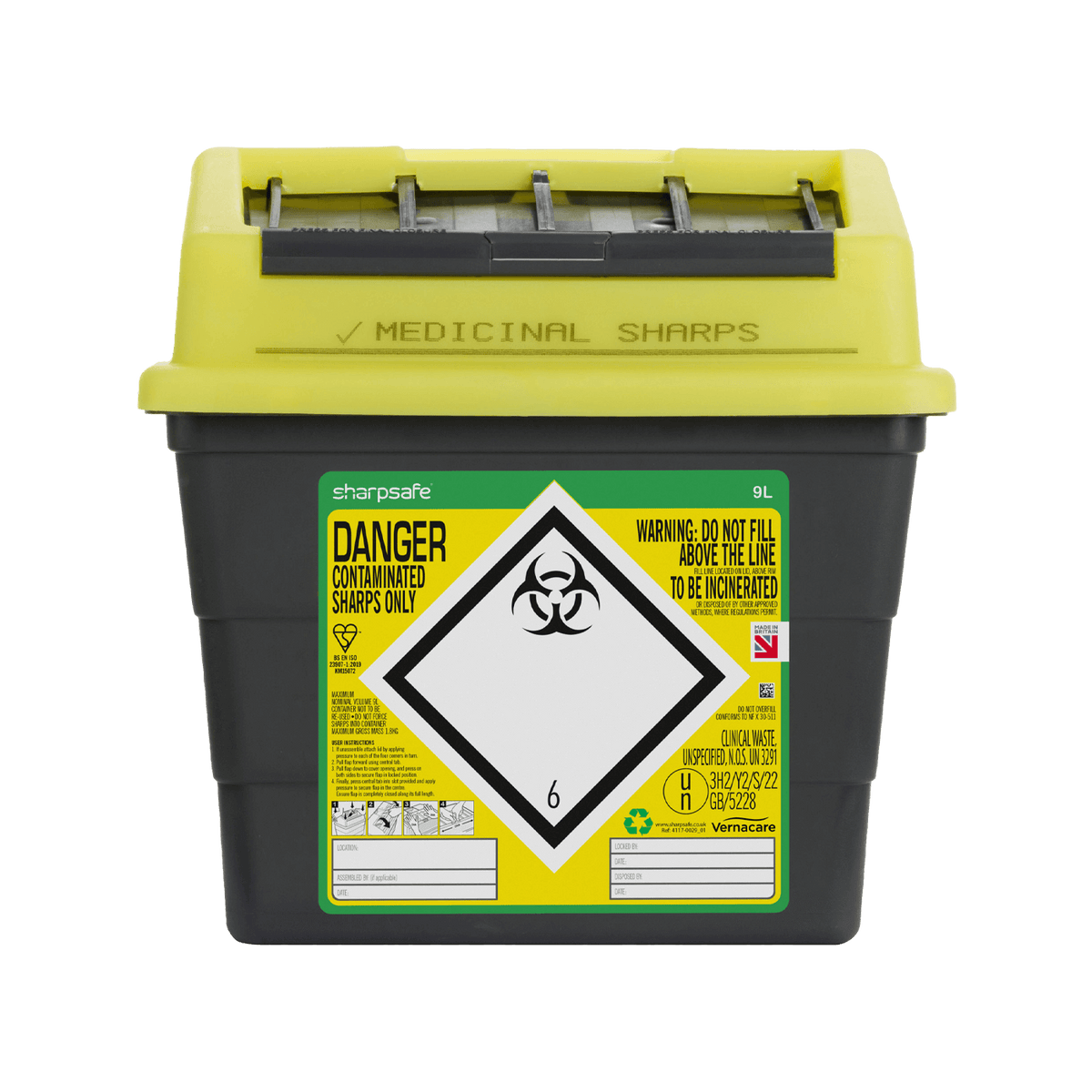 Sharpsafe 9 Litre Yellow Lid Recycled Polymer Container