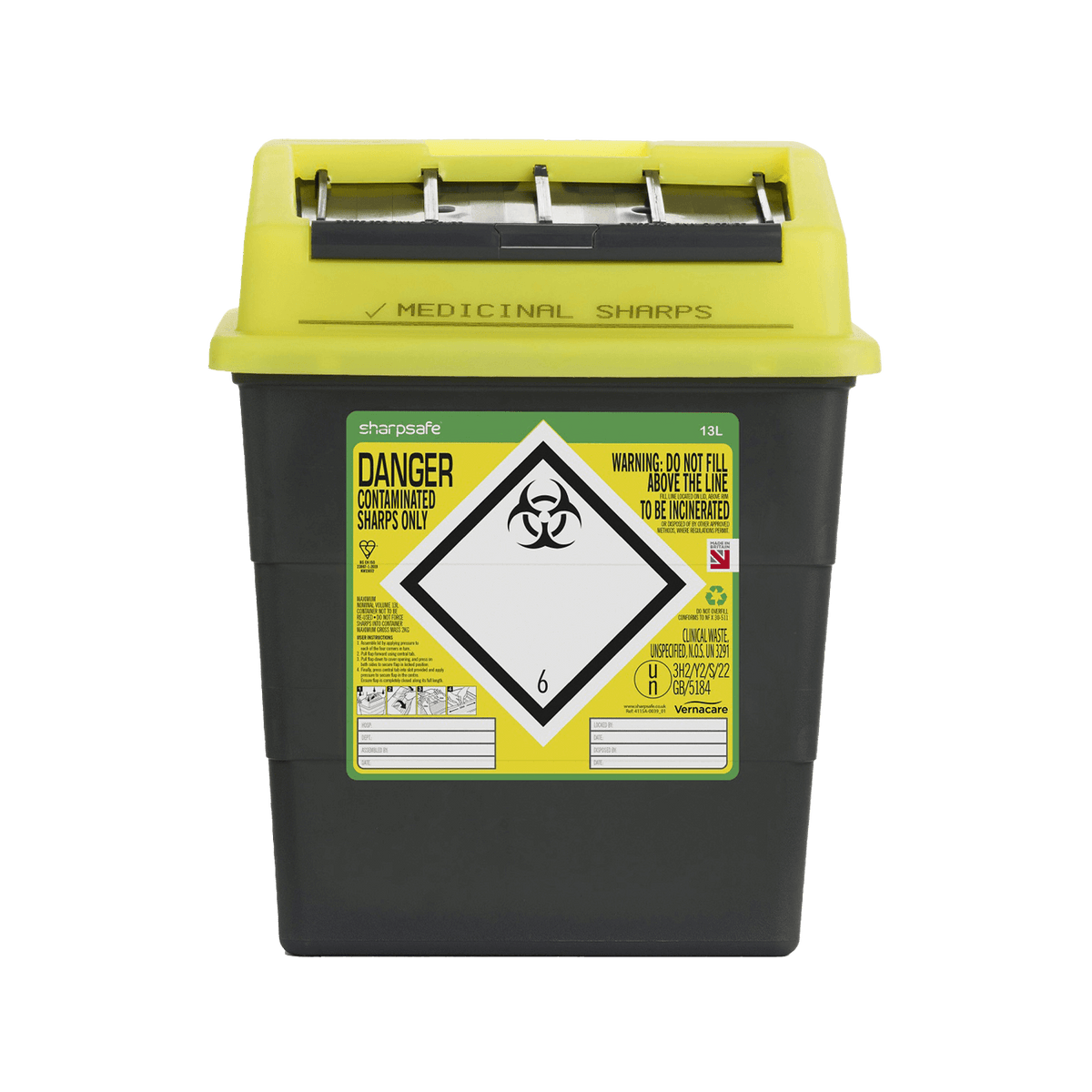 Sharpsafe 13 Litre Yellow Lid Recycled Polymer Container