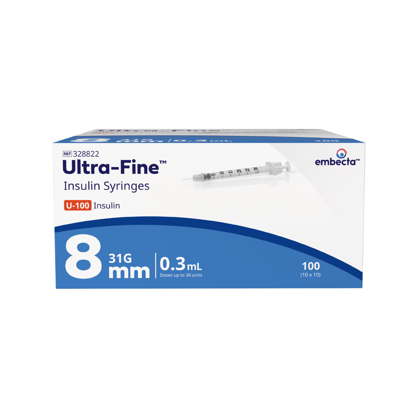 embecta Ultra-Fine Insulin Syringes U-100 8mm 31G 0.3mL 100pk