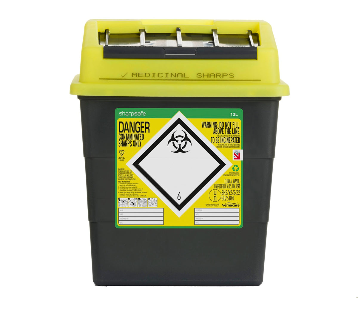 Sharpsafe 13 Litre Yellow Lid Recycled Polymer Container