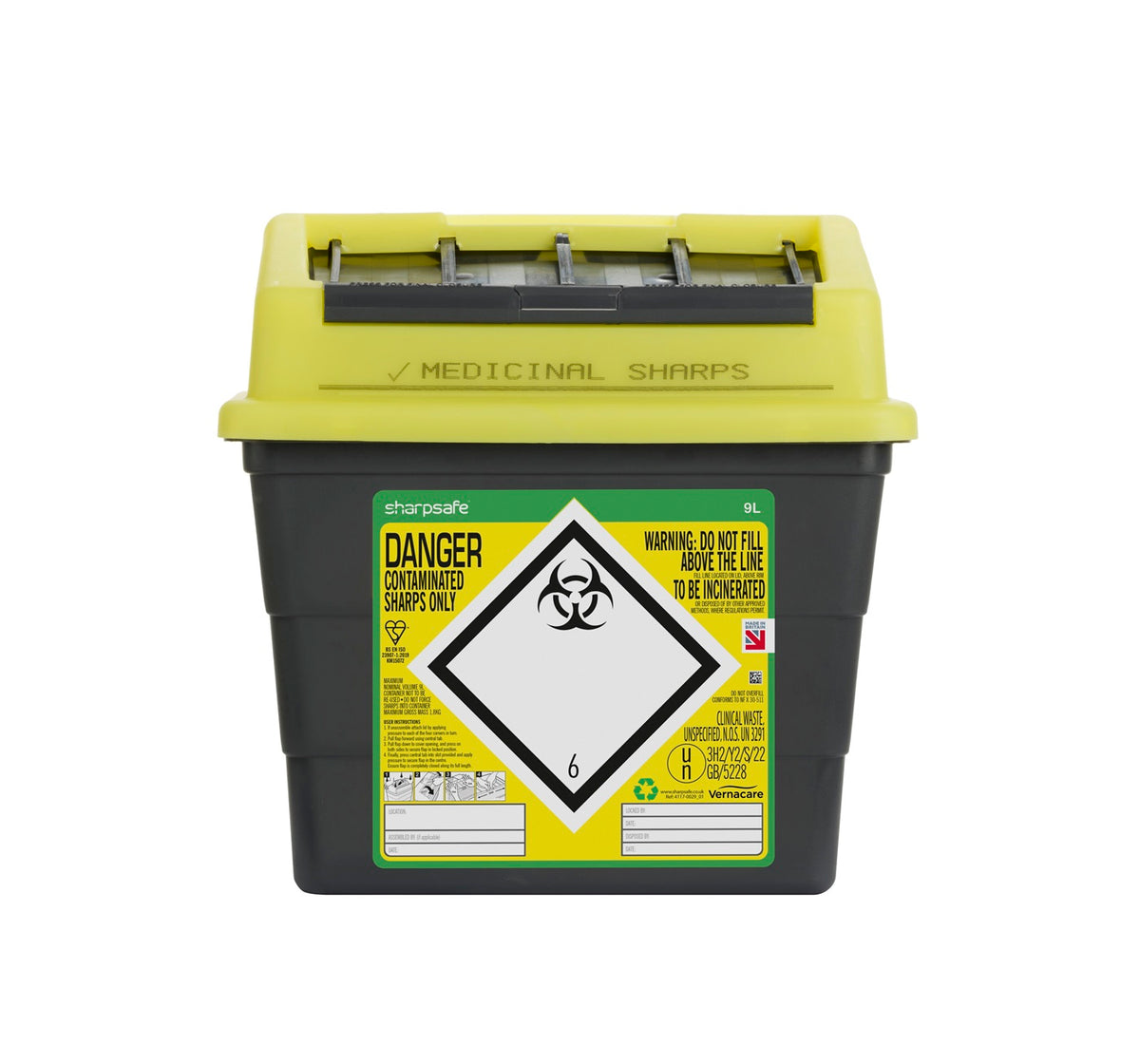 Sharpsafe 9 Litre Yellow Lid Recycled Polymer Container