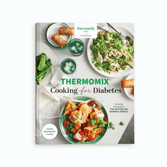 Cover of the Thermomix Cooking for Diabetes cookbook. It has original Thermomix certified badge and includes recipes from the Australian Women's Weekly