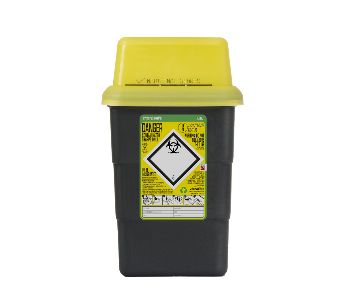 Sharpsafe 1.8 Litre Yellow Lid Recycled Polymer Container