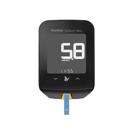 The Freestyle Optium Neo Blood Glucose Monitor|A Hand Holding The Freestyle Optium Neo Blood Glucose Monitor Screen reader support enabled. A Hand Holding The Freestyle Optium Neo Blood Glucose Monitor|The Contents Of The Freestyle Optium Neo Box|The Freestyle Optium Neo Box