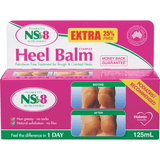 Box Of NS8 Heel Balm Complex 125mL|125mL Tube Of NS8 Heel Balm Complex|Plunkett's NS8 Heel Balm|Feet With Dry Skin & Cracked Heels|Back Of Plunkett's NS8 Heel Balm Complex Box