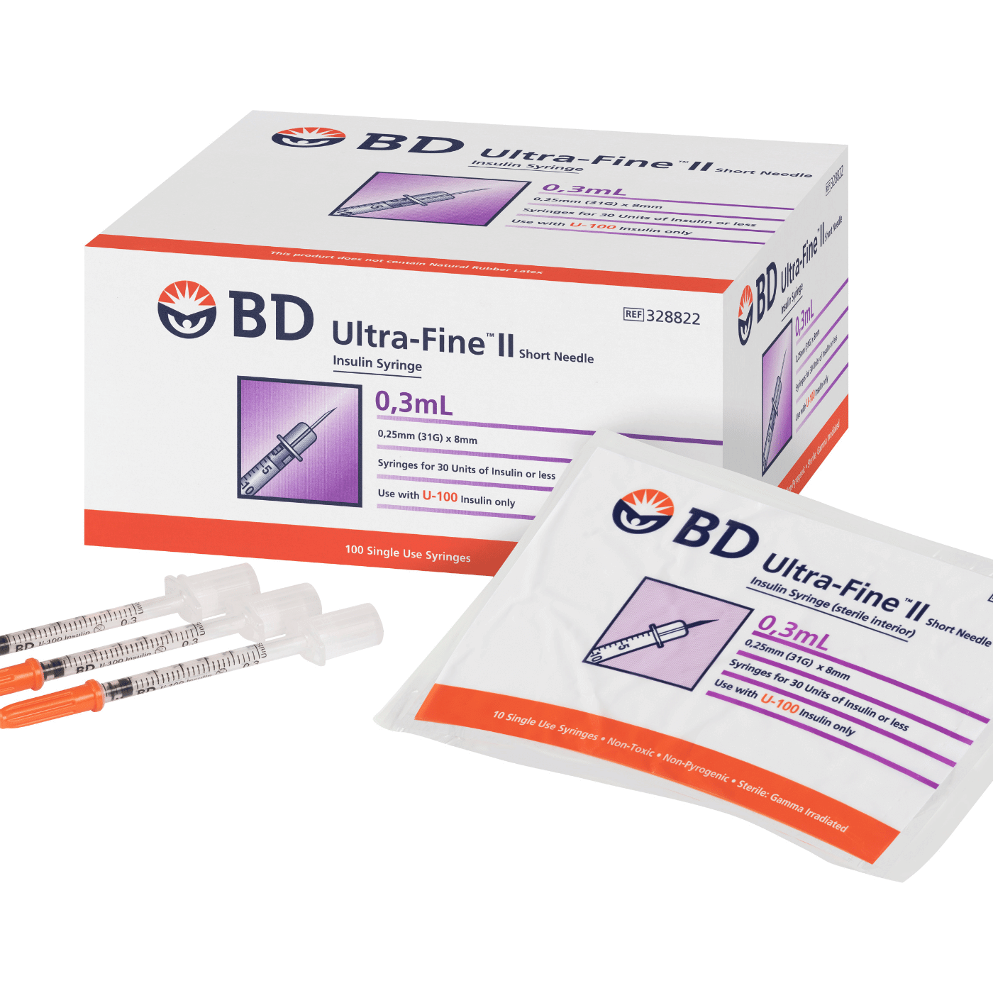0.3mL_BD_Ultra-Fine_II_Short_Needle_Insulin_Syringe|A Pack Of 100 BD Ultra-Fine II Syringes And Needle