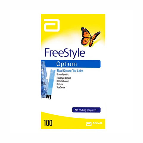 A 100PK Box Of Freestyle Optium Blood Glucose Test Strips